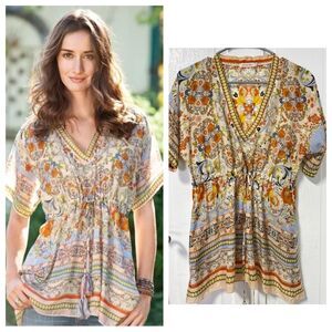 Johnny Was Silk V Neck short sleeve Gathered babydoll boho chic blouse size XS